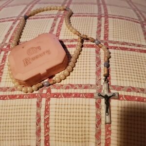 Estate Cream and Silver Rosary Necklace in original box